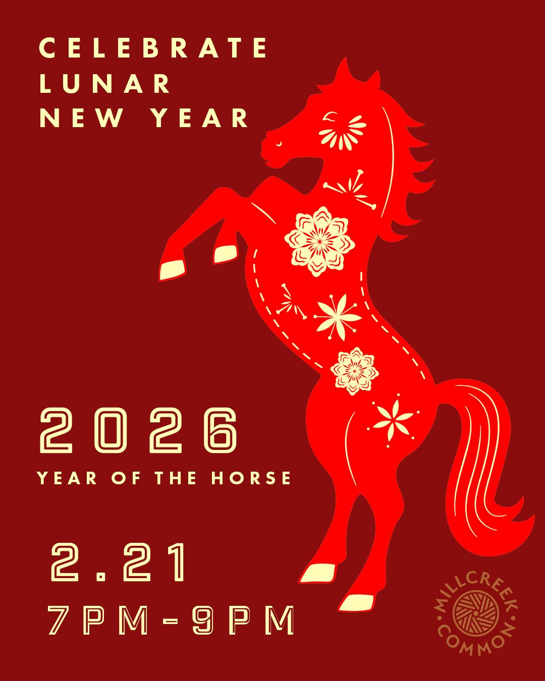 graphic promoting lunar new year event on january 21 red with horse